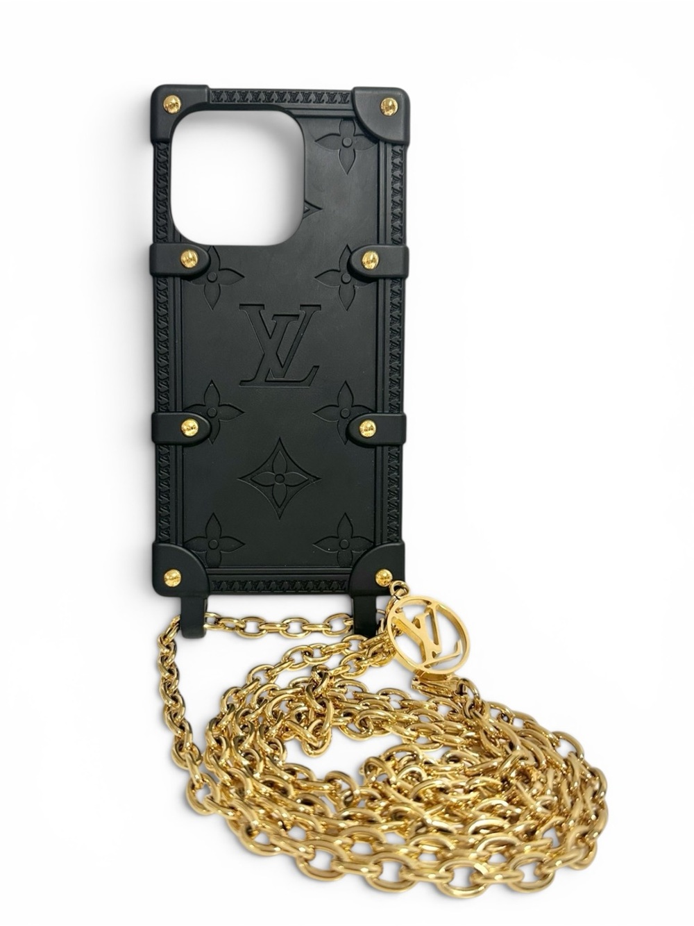 Louis Vuitton Black Matte Embossed Monogram Trunk iPhone 14 Pro Case Gold Chain